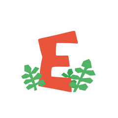 Red letter E in cut out collage style. Hand drawing isolated vector illustration with herbs