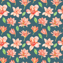 Watercolor seamless pattern with pink magnolia flowers on dark blue background.