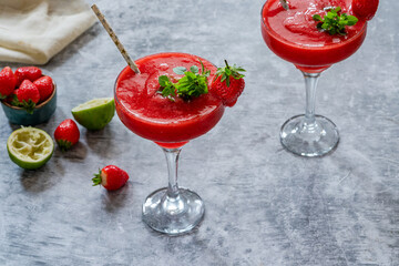 Frozen strawberry daiquiri with white rum garnished with fresh fruit