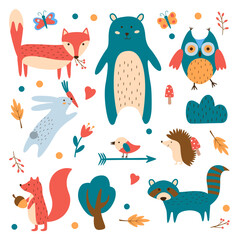 large colorful collection of cartoon woodland animals 