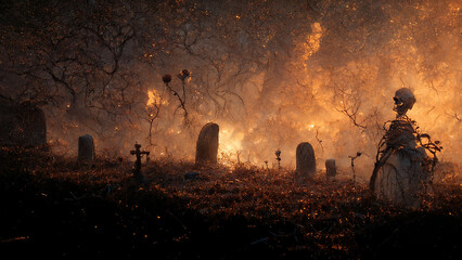 Naklejka na ściany i meble A dark skeleton moving through a misty forest in the evening. Spooky concept.Digital art