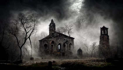 Foto op Canvas Digital art of a church in a foggy Halloween night. © erika8213