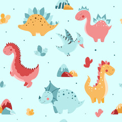 Seamless pattern with cute dinosaurs, cute dinosaurs in flat style, vector pattern with dinosaurs