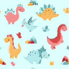 Fototapeta na wymiar Seamless pattern with cute dinosaurs, cute dinosaurs in flat style, vector pattern with dinosaurs