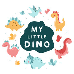My little dino hand drawn vector calligraphy with dinosaurs set. Cute different dinosaurs, cactuses, decorative elements. Dinosaurs vector illustration © skadhi_art