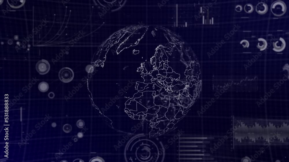 Poster data analysis technology globe rotating on macedonia country with graphs, charts, analytics in backg