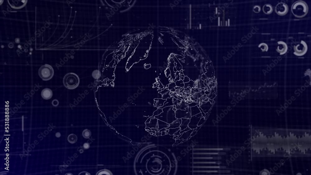 Poster data analysis technology globe rotating on austria country with graphs, charts, analytics in backgro