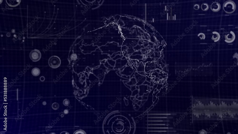 Aufkleber data analysis technology globe rotating on cuba country with graphs, charts, analytics in background