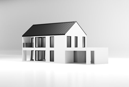 Simple house on white floor with grey background. 3d rendering of exterior residential building.