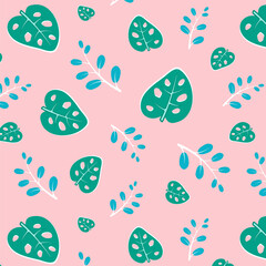 background with blue turquoise leaves on a pink background