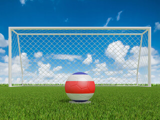  soccer balls in Costa Rica flags colors on soccer field .  3d rendering