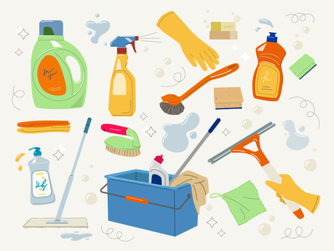 Set of Various Cleaning items. Household equipment and detergents. Spray, mop, rag, soap, bucket and bottles. Design elements for stickers. Cartoon flat vector collection isolated on beige background
