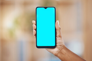 Smartphone technology and woman hands with green screen for ui design and marketing cellular app. Person with modern cellphone gadget for online communication with mockup for advertising.