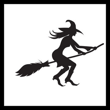 Halloween silhouette witch with hat on broom fly. Vector illustrations.