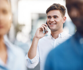 Phone call, communication and networking with a businessman talking on a call outdoor in the city. Vision, motivation and conversation for growth and development of his startup corporate company