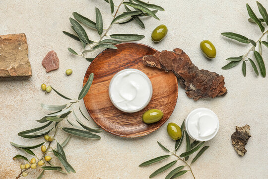 Plate with jar of cream, green olives, tree bark and plant branches on grunge background