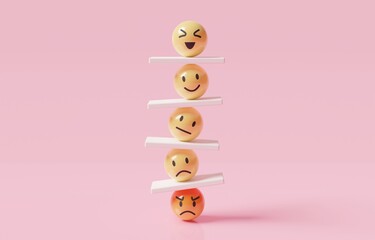 Fototapeta emoji emoticons vertically arranged with seesaws, emotional control for career success and wellbeing concept, 3d render illustration. obraz