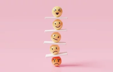 Fotobehang emoji emoticons vertically arranged with seesaws, emotional control for career success and wellbeing concept, 3d render illustration. © Yossakorn
