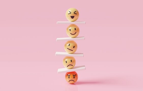 emoji emoticons vertically arranged with seesaws, emotional control for career success and wellbeing concept, 3d render illustration.
