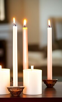 Vertical shot of three long burning candles on bronze candle holders on a table