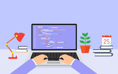 Programmer concentrated at project. programming and coding for client. web development concept. vector illustration.