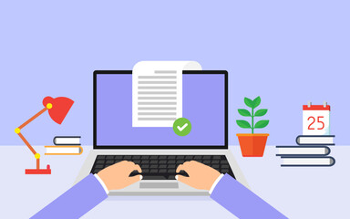 Document file with approved check mark on laptop concept of digital accepted form. vector illustration.