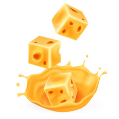 Realistic pieces of cheese fall into the sauce with flying drops. Vector 3d illustration.