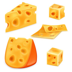 Realistic set of cheese pieces with holes. Vector illustration