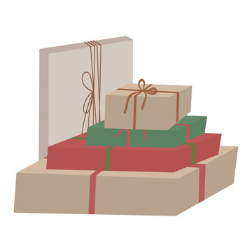 Packed boxes in kraft paper. Festive gift wrapping. Cristmas presents. Flat illustration. Boho style, Scandinavian style. Vector.
