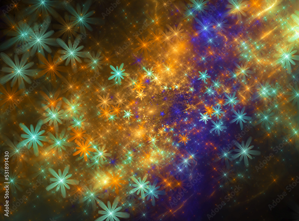 Poster bokeh color interspersed with bright gold lights. fractal abstract background.