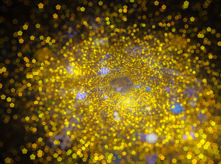Bokeh gold interspersed with bright gold lights. Fractal abstract background.