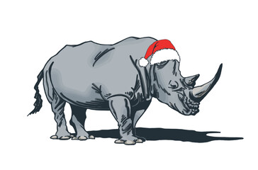 Vector color  illustration of rhino in Santa Claus hat isolated on white background, grey rhinoceros , christmas element