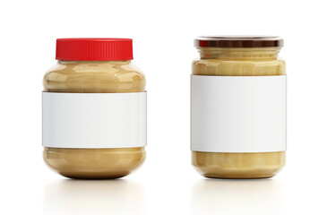 Two peanut butter jars with white labels isolated on white background. 3D illustration