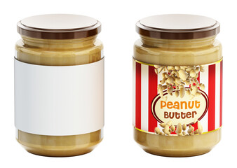 Peanut butter jars with labels. Transparent background. 3D illustration