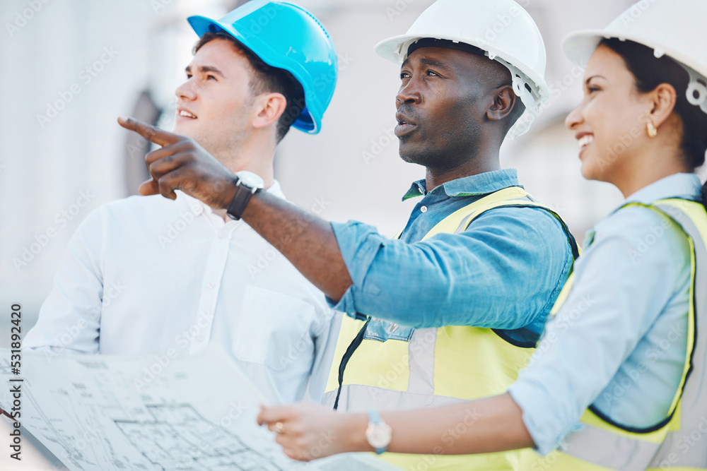 Poster architect at construction site, discussion on blueprint or plan for building with staff. team of emp