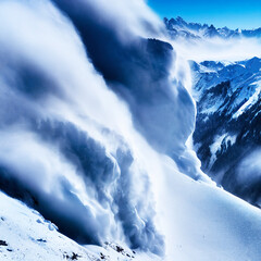 Snow avalanche in mountain. Powerful Avalanche