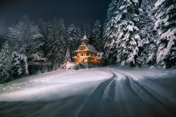 Chapel of St. Of the Sacred Heart of Jesus in Jaszczurówka, winter, snow, Tatra Mountains,...