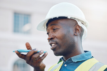 Communication, safety and a construction worker on phone call or sending voice note. A black man,...