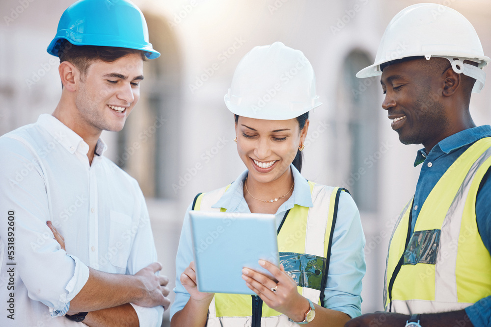 Poster Construction, building and tablet with an architect, engineer and designer working as a team on a build site in the city. Collaboration, teamwork and architecture with a woman and men at work