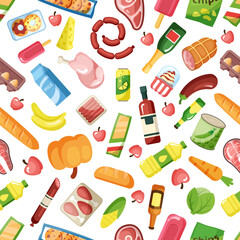 grocery products pattern. food colored cartoon illustrations for grocery markets. Vector seamless illustrations
