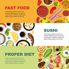 tradition food banners. mexican and asian cousine products top view illustrations. Vector templates with place for text