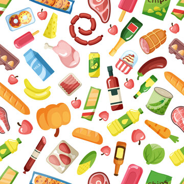 grocery products pattern. food colored cartoon illustrations for grocery markets. Vector seamless illustrations