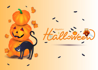 Halloween image with black cat, pumpkins, owl and text. Vector illustration eps10