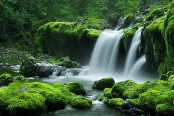 Foto auf Glas Wasserfallkaskaden in einem grünen Wald © eyetronic