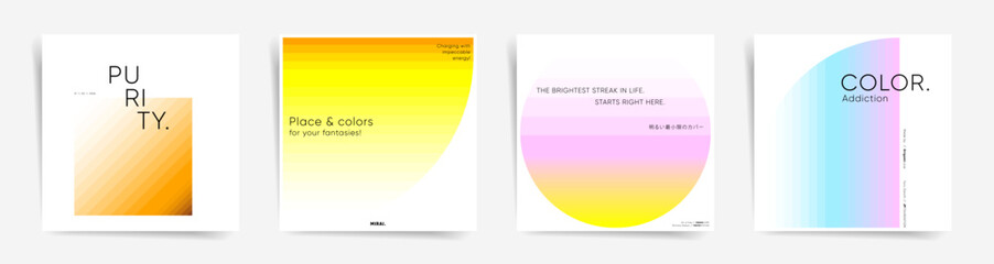 Obraz premium Japanese text - Minimal colorful cover. Minimal colorful square cover set. Trendy mesh design template. Dynamic soft post layout. Mesh gradient colors and white design backgrounds. Vector.