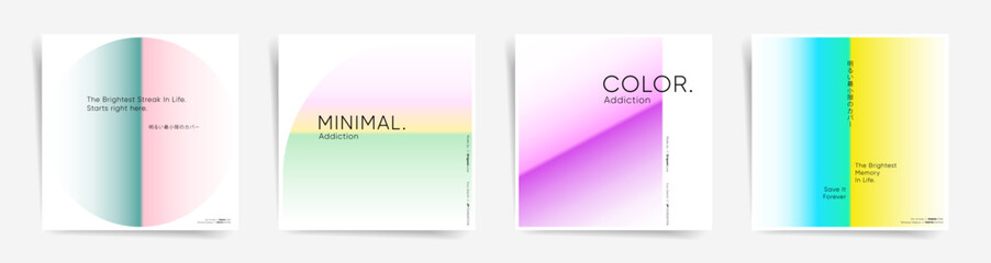 Japanese text - Minimal colorful cover. Minimal colorful square cover set. Trendy mesh design template. Dynamic soft post layout. Mesh gradient colors and white design backgrounds. Vector.