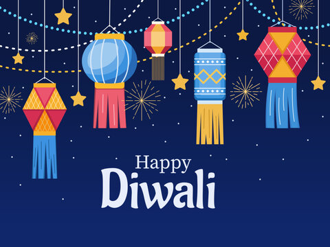 Happy Diwali Hindu Festival design with hanging light lantern element.
Colorful Diwali hanging lantern illustration.
India tradition diwali festival.
Suitable for greeting card, banner, poster, etc