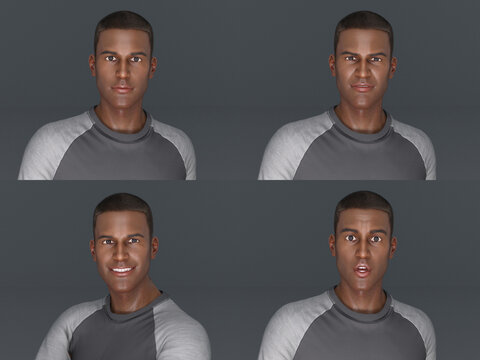 3D Render : Headshots portrait of young man isolated on grey studio background look at camera with ring reflection on his eyes, different face expressions male model