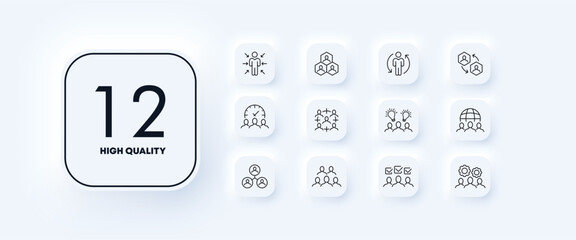 Teamwork set icon. Employee, workflow, circular arrows, clock, company, schedule, light bulb, planet, creative idea, checkmark, gear. Business concept. Neomorphism style. Vector line icon for Business