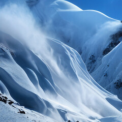 Snow avalanche in mountain. Powerful Avalanche